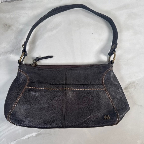 The Sak Handbags - The Sak Dark Brown Pebbled Leather Handbag Purse Contrast Stitching Minimalist